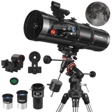 Imagem de Telescópio refletor MEEZAA 150 EQ para adultos iniciantes em astronomia, profissionais, equatoriais, manuais de astronomia com lentes Barlow 2x, adaptador de telefone, tripé ajustável e filtro de lua