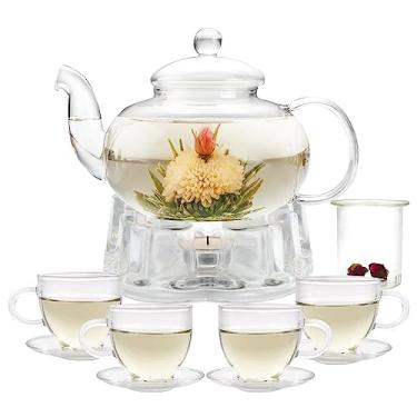 Imagem de Conjunto de bule de vidro, chaleira de vidro de 1000 ml com infusor e aquecedor de chá solto, 142 g/150 ml, conjunto de 4 xícaras de chá e pires de 150 ml, máquina de chá segura para fogão e