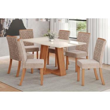 Imagem de Conjunto Mesa Sala Jantar Lins Com Tampo Madeirado Com Vidro 160x90cm E 6 Cadeiras Esther Nature Linho Creme Henn