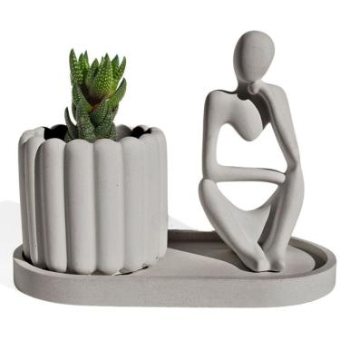 Imagem de Conjunto Decorativo 3 Peças Estátua Pensadora Vaso Tulipa E Bandeja Cinza
