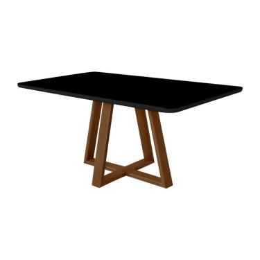 Imagem de Mesa De Jantar Luxo 160x90 Tampo Mdf/vidro Para 6 Lugares Pés Madeira Maciça Pérola - Imbuia/preto