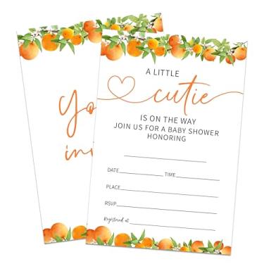 Imagem de Little cutie is on the way conjunto de convite para chá de bebê, tema Citrus Clementine, 25 cartões de convite de chá de bebê com envelopes, revelação de gênero, decoração de festa de anúncio de bebê