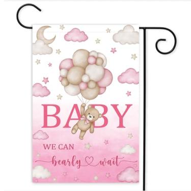 Imagem de Bandeira de jardim de chá de bebê urso rosa, 30 x 45 cm dupla face We Can Bearly Wait Baby Garden Flag, anúncio de nascimento para chá de bebê, revelação de gênero, bebê recém-nascido