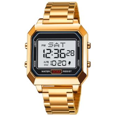 Imagem de zolohoni Relógio digital masculino masculino, quadrado de aço inoxidável, à prova d'água, com data dupla, Aço dourado