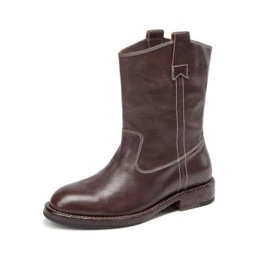 Imagem de BEAU TODAY Botas femininas caubói, botas femininas de couro de cano médio ocidental, botas de cano baixo, sem cadarço, largas, com salto baixo, elegantes e casuais, Café, 37