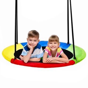 Imagem de 40 Inch Saucer Tree Swing for Kids Outdoor, Textilene Fabric Tear & UV Resistant Waterproof, Round Disc Circle Swing with Adjustable Hanging Straps, Swing Set for Backyard Garden Playground, Rainbow