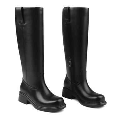 Imagem de Zzheels Botas femininas cano alto bico quadrado salto baixo grosso zíper botas altas botas campus, Preto, 36