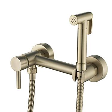 Imagem de MINJING Pulverizador de bidê portátil para vaso sanitário, montado na parede água fria e quente, kit de ducha de bidê de latão dourado escovado, B