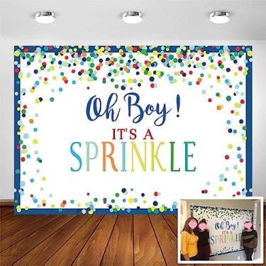 Imagem de COMOPHOTO Baby Sprinkle Party pano de fundo para meninos, chá de bebê, 7 x 5 pés, bolinhas, bolinhas, confetes, decorações de aniversário, fotografia, cenários de bolo, banner de mesa