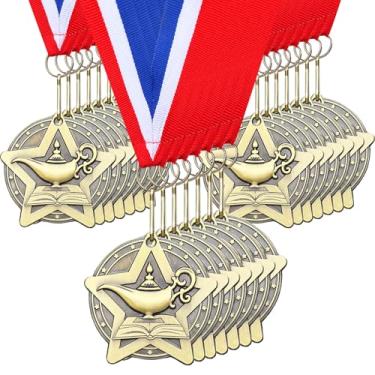 Imagem de Quelay 30 medalhas de prêmio de 5 cm a granel medalhas de conhecimento em massa com fitas de pescoço Troféu de metal Prêmio presente para torneios, competições, festas, crianças e adultos
