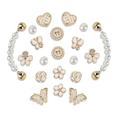 Imagem de ACO-UINT Pingentes de sapato com 20 peças brilhantes strass pérola flor borboleta sapatos berloques acessórios para mulheres DIY correntes de sapato decorações para lembrancinha de festa