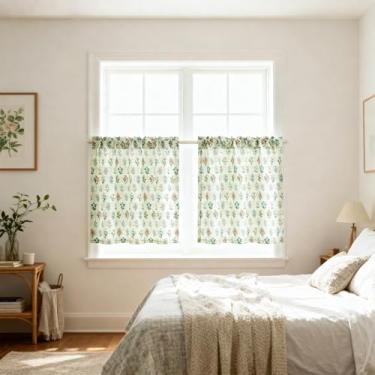 Imagem de Leeva Cortinas de camada floral para cozinha, cortinas transparentes de 76 x 91 cm para quarto e sala de jantar, 2 painéis com estampa de flores verdes meia janela, cortinas de café com bolso para