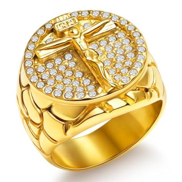 Imagem de Oaldilee Anel de cruz masculino crucifixo de zircônia cúbica de aço inoxidável para homens, banhado a ouro 18 K, preto, anel de Jesus Cristão Religioso de Prata, Tamanho 7-14, Metal, Zircônia cúbica