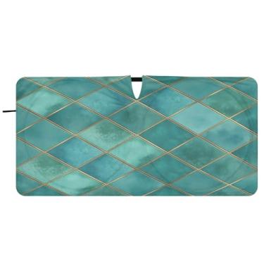 Imagem de Blueangle Para-brisa xadrez geométrico azul-petróleo aquarela - 149.9 cm x 76.2 cm dobrável carro janela frontal blocos guarda-sol raios UV viseira de sol (959)