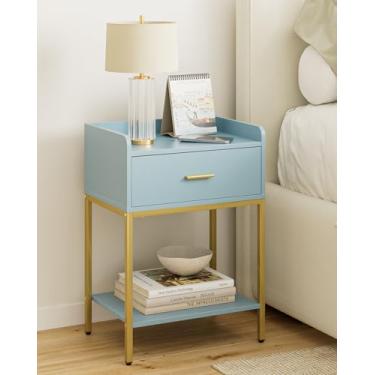 Imagem de Masupu Mesa de cabeceira, mesa de cabeceira moderna de 3 níveis com gaveta de armazenamento e prateleira, mesa lateral pequena para quarto, sala de estar, preta (sem tomada, azul)