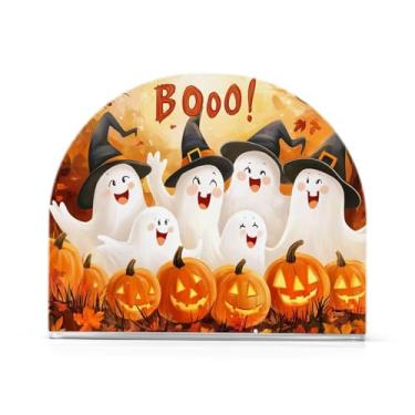 Imagem de JUZIHAI Suporte de guardanapo de Halloween Boo para mesa dispensador de guardanapo de acrílico para mesa suporte de lenços independente para cozinha sala de jantar bar festa decoração de casa