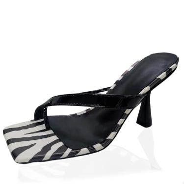 Imagem de Lryweisy Chinelo feminino com tira em T, 8,5 cm, bico aberto, salto alto, moderno, vestido de festa, sandália de salto dental, Zebra, 36