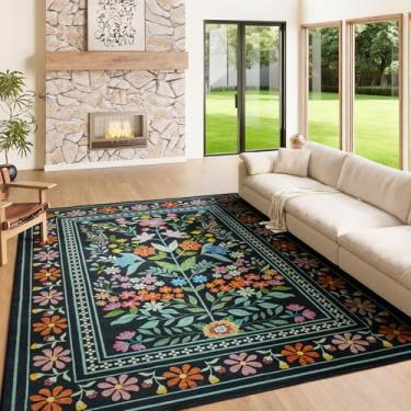 Imagem de Tapetes florais vintage pretos grandes de 20 x 3 m - Tapete de pelo baixo lavável envelhecido, antiderrapante, impermeável, para sala de estar, quarto, sala de jantar