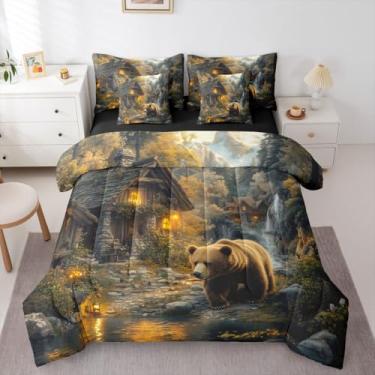 Imagem de Erosebridal Conjunto de cama King com estampa de urso, 7 peças, cachoeira, neve, montanha, rio, bosque, com tema natural, árvores, para adolescentes e mulheres