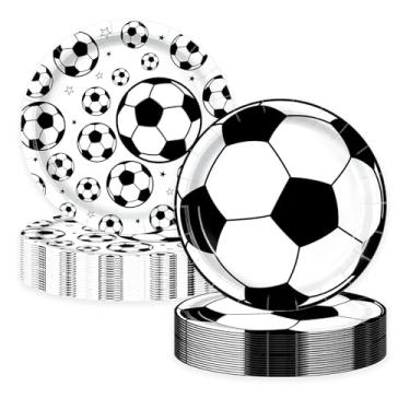 Imagem de LYFREE 50 peças de pratos de papel de futebol de 18 cm, suprimentos de festa de aniversário, pratos descartáveis de sobremesa, utensílios de mesa, decorações de mesa para fãs de esportes, aniversário