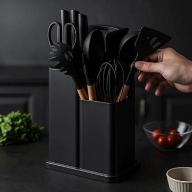 Imagem de Conjunto De Utensílios De Silicone Com Cabo De Madeira E Kit De Facas Com Tábua 19peças(Preto)