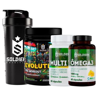 Imagem de Kit: 2x Ômega 3 + 2x Multivitaminico + 2x Pré Treino Evolution 300g + 1x Coqueteleira Simples 600ml-Unissex