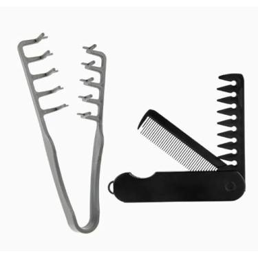 Imagem de Conjunto de pente de cabelo com textura portátil de 2 peças – Escova de dentes largos volumosos masculinos e pentes de cabelo para barba com dois dentes dobráveis 2 em 1, fáceis de limpar para