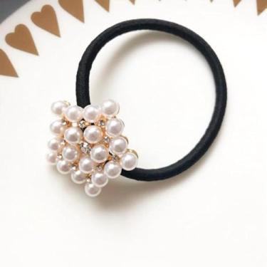 Imagem de Conjunto de corda de cabelo de cristal pérola com design elegante de flor de cinco pétalas para mulheres, acessório de suporte de rabo de cavalo elástico elegante