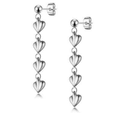 Imagem de Brincos femininos pendentes de coração de aço inoxidável, brincos longos com pingente de laço, banhado a ouro, caixa de presente incluída, ONESIZE, Aço inoxidável, Sem pedra preciosa