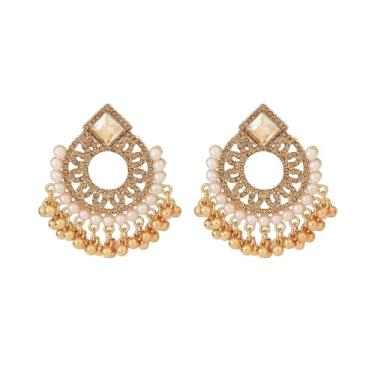 Imagem de Brincos femininos com pingente de imitação de pérolas de zircônia cúbica, vintage, banhado a ouro, indiano, redondo, joias modernas, Large, Metal, Sem pedra preciosa