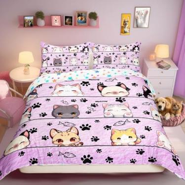 Imagem de Manfei Jogo de cama solteiro com desenho de gato, gatinho, animal de estimação, roxo, capa de edredom com 1 fronha (sem enchimento) para crianças, conjunto de capa de edredom de animais fofos
