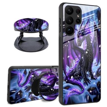 Imagem de RAUEDWDJS Capa para Samsung Galaxy S25 Ultra com suporte expansível, parte traseira de vidro temperado + capa protetora de choque de TPU macio de 6,9 polegadas 2025, pequeno dragão fofo