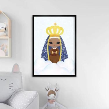 Imagem de Quadro Nossa Senhora Aparecida Baby Azul 45x34cm Vidro Preta