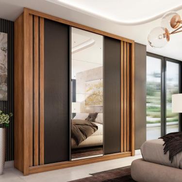 Imagem de Guarda Roupa Casal Flex Oba 3 Portas 2 Gavetas MDF com Espelho Amêndola Touch e Preto Prime TX Casa H