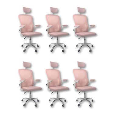Imagem de Kit 6 Cadeiras De Escritório Diretor Oficial Vegas Com Apoio Rosa E Branco