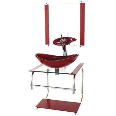 Imagem de GABINETE DE VIDRO CUBA OVAL 40CM INOX VERMELHO CEREJA COM TORNEIRA CASCATA