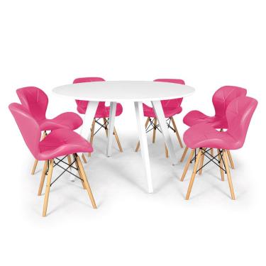 Imagem de Conjunto Mesa de Jantar Redonda Amanda Branca 120cm com 6 Cadeiras Eiffel Slim - Rosa