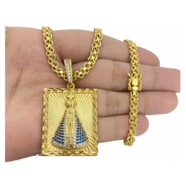 Imagem de Cordão 5mm Cadeado Duplo Banhado A Ouro + Pingente Santa