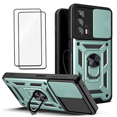 Imagem de Capa para Motorola Moto Edge 20 Pro Capinha | com 2 protetores de tela temperados, janela deslizante de proteção da câmera integrada e suporte para telefone - Verde