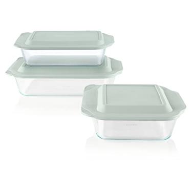 Imagem de Pyrex Conjunto de assadeiras de vidro profundo de 6 peças com tampas, conjunto de assadeiras de vidro, 33 x 23 cm, 18 x 28 cm e 20 x 20 cm, não tóxico, tampas sem BPA, conjunto de assadeira, verde sálvia claro