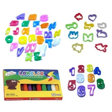 Imagem de Kit 1 Caixa Massinha 12 Cores 180g + 46 Cortadores Alfabeto Completo Numeros Forminhas de Modelar Mimos