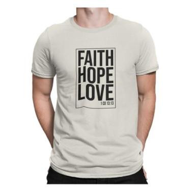 Imagem de Camiseta Camisa Faith Hope Love Gospel Dourado Masculina Offwhite - Li