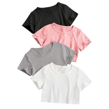 Imagem de SOLY HUX Camisetas femininas de manga curta com gola redonda de 4 peças de verão, Preto Rosa Claro Cinza Branco, 14 Anos