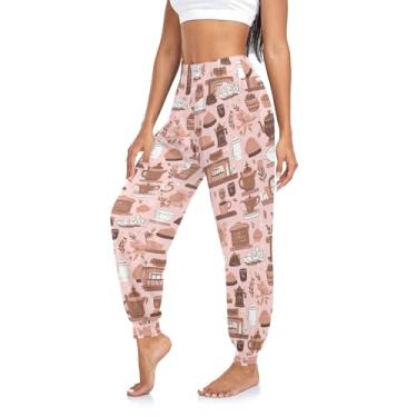 Imagem de CHIFIGNO Calça de moletom feminina de cintura alta para ioga harém calça jogger calças largas calças atléticas, Estilo café rosa, XXG