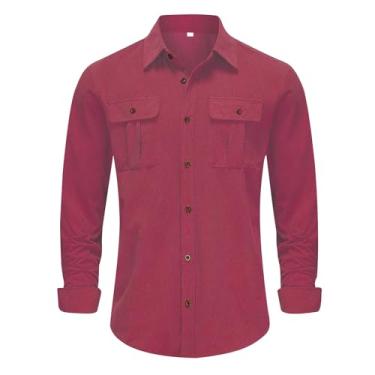 Imagem de Camisetas masculinas de manga comprida para homens gola alta veludo cotelê xadrez básica outono inverno 2024 Y2K, L-543 Vermelho, XXG