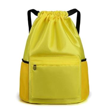 Imagem de Bolsa com cordão, mochila leve com suporte para garrafa de água e bolsos, mochila esportiva de ginástica, Amarelo, Large, Esportes