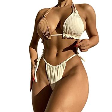 Imagem de Biquínis sensuais para mulheres, maiôs de praia, plus size, biquíni peitudo, cintura alta, controle de barriga, biquíni ousado, Bege, G