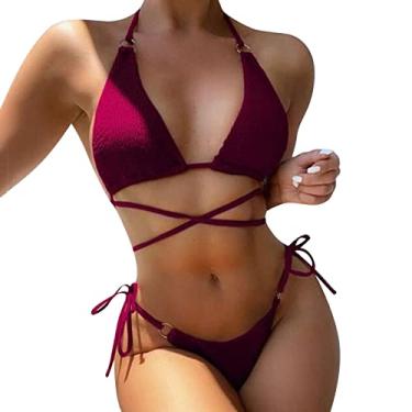 Imagem de Biquíni feminino fofo e atrevido, plus size, biquíni gordinho, push up, cintura alta, biquíni transparente, Vinho, M