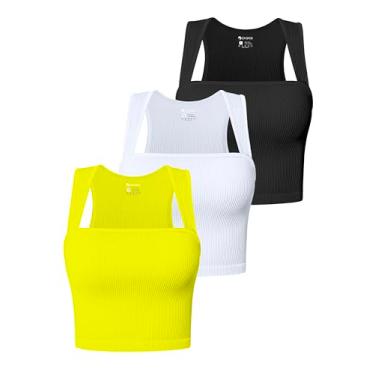 Imagem de OQQ Camiseta regata feminina de 3 peças, sem mangas, com tiras e gola quadrada, Preto, branco, amarelo, M