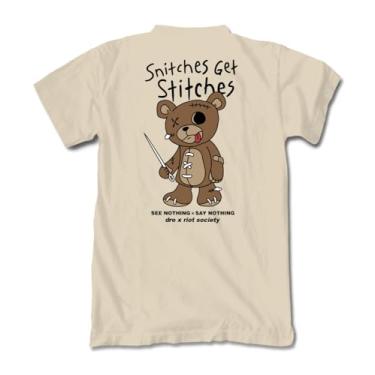 Imagem de Riot Society Camiseta masculina de manga curta estampada e bordada, Dro X Riot Society Snitches Get Stitches (Areia), P